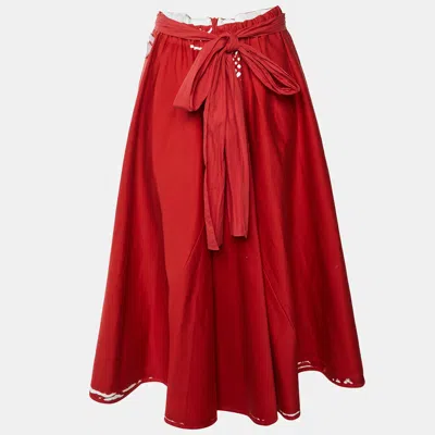 Pre-owned Prada Red Stretch Gabardine Gathered Flared Midi Skirt S