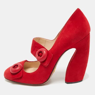 Pre-owned Prada Red Suede Mary Jane Button Pumps Size 39.5