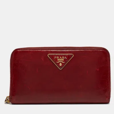 Pre-owned Prada Red Vitelo Shine Leather Logo Zip Continental Wallet