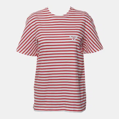 Pre-owned Prada Red White Cotton Logo Striped T-shirt