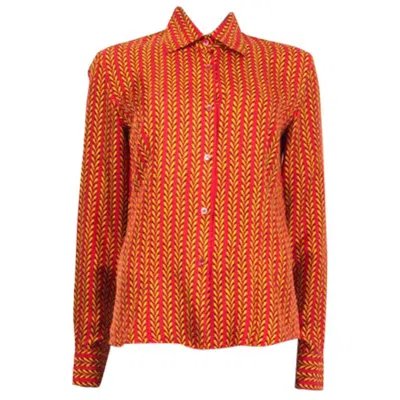 Pre-owned Prada Red Yellow Silk Holliday & Brown London Blouse Shirt 40 S