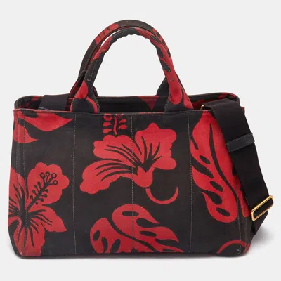 Pre-owned Prada Red/black Canvas Floral Canapa Tote