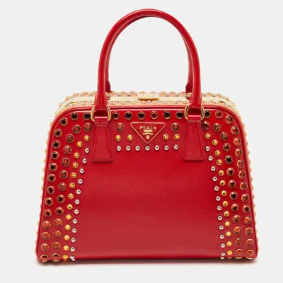 Pre-owned Prada Red/peach Saffiano Patent Leather Pyramid Frame Satchel