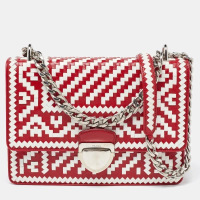 Pre-owned Prada Red/white Madras Woven Leather Pushlock Flap Bag