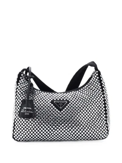 Pre-owned Prada Re-edition 2000 Crystal Embellished Satin Mini Hobo Bag In Black
