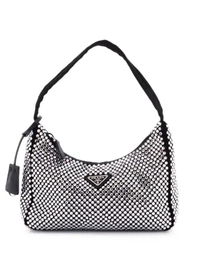Pre-owned Prada Re-edition 2000 Crystal Embellished Satin Mini Hobo Bag In Black
