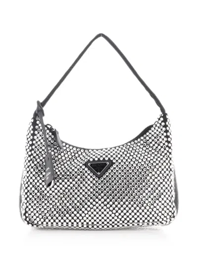 Pre-owned Prada Re-edition 2000 Crystal Embellished Satin Mini Hobo Bag In Black