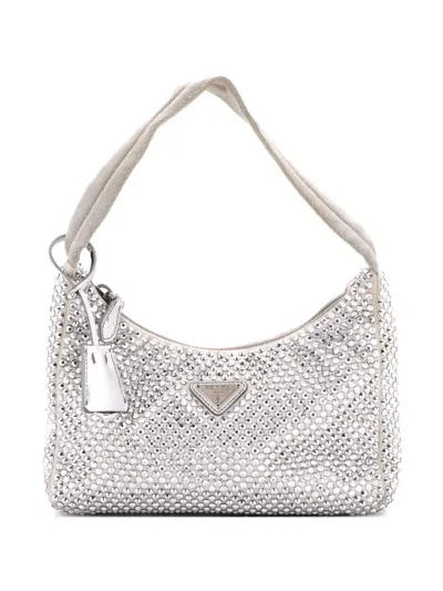 Pre-owned Prada Re-edition 2000 Crystal Embellished Satin Mini Hobo Bag In Gray
