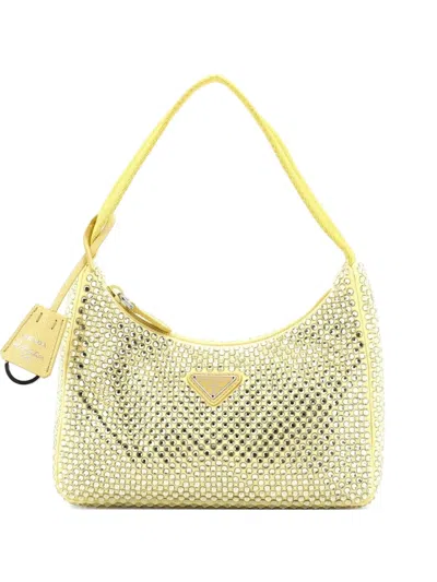 Pre-owned Prada Re-edition 2000 Crystal Embellished Satin Mini Hobo Bag In Yellow