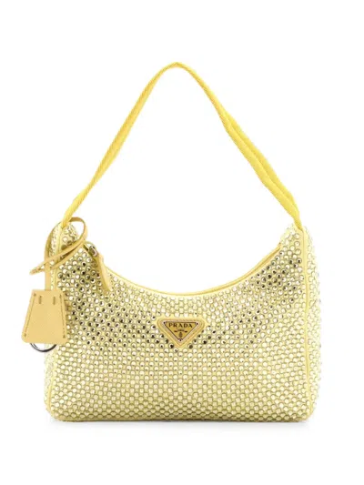 Pre-owned Prada Re-edition 2000 Crystal Embellished Satin Mini Hobo Bag In Yellow