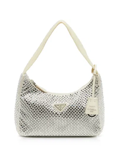 Pre-owned Prada Re-edition 2000 Crystal-studded Shoulder Bag In Silver