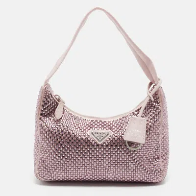 Pre-owned Prada Re-edition 2000 Pink Satin And Crystals Shoulder Bag