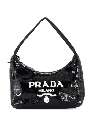 Pre-owned Prada Re-edition 2000 Sequins Mini Hobo Bag In Black