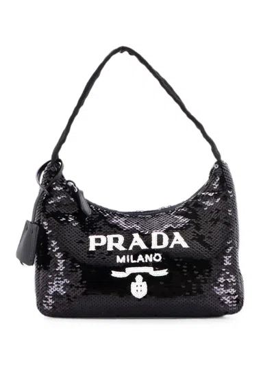 Pre-owned Prada Re-edition 2000 Sequins Mini Hobo Bag In Black