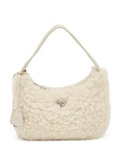 Pre-owned Prada Re-edition 2000 Shearling Shoulder Bag In White