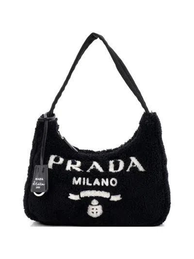 Pre-owned Prada Re-edition 2000 Terry Cloth Mini Hobo Bag In Black