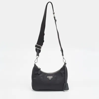 Pre-owned Prada Re-edition 2005 Black Nylon And Saffiano Leather Shoulder Bag