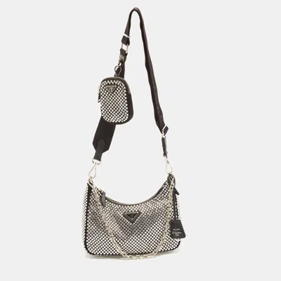 Pre-owned Prada Re-edition 2005 Crystal Studded Satin Shoulder Bag In Black