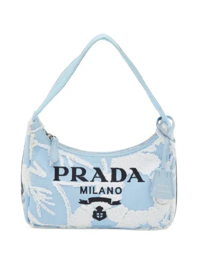 Pre-owned Prada Re-edition 2005 Embroidered-logo Shoulder Bag In Blue