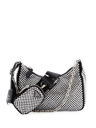 Pre-owned Prada Re-edition 2005 Shoulder Bag Crystal Embellished Satin Small Crossbody Bag In Black