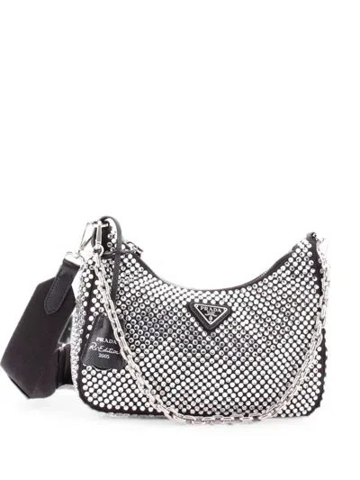 Pre-owned Prada Re-edition 2005 Shoulder Bag Crystal Embellished Satin Small Crossbody Bag In Black