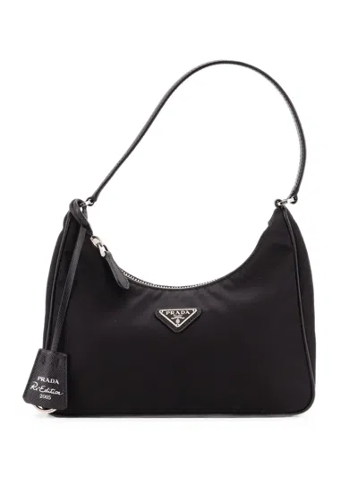 Pre-owned Prada Re-edition 2005 Tessuto With Saffiano Leather Mini Hobo Bag In Black