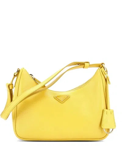 Pre-owned Prada Re-edition Hobo Saffiano Leather Mini Shoulder Bag In Yellow