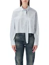 Prada Striped Poplin Short Shirt With Scarf Collar In Blue