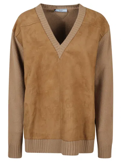 PRADA PRADA RELAXED FIT CAMEL SWEATER WITH DEEP V-NECK AND SUEDE-LIKE ACCENTS