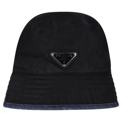 Pre-owned Prada Re-nylon & Denim Reversible Bucket Hat With Enameled Triangle Logo In Black