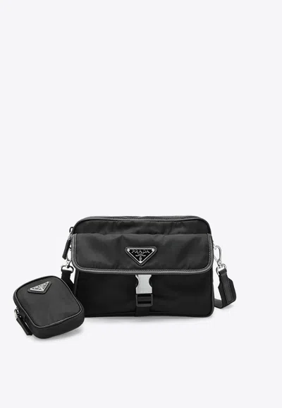 Prada Re-nylon And Saffiano Leather Crossbody Bag In Black