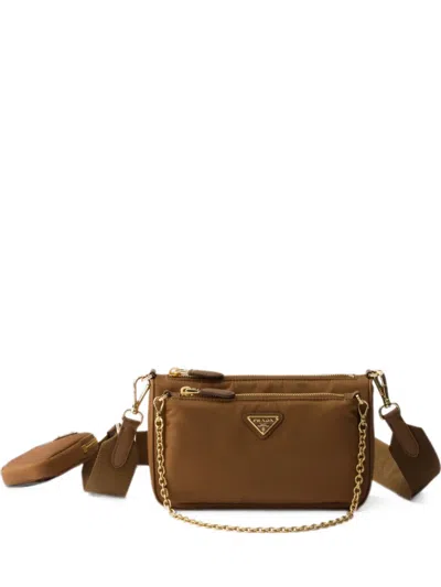 Prada Re-nylon And Saffiano Leather Mini Shoulder Bag In Brown