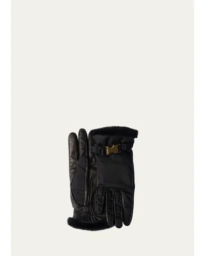 Prada Re-nylon & Sheep Fur Gloves In Nero