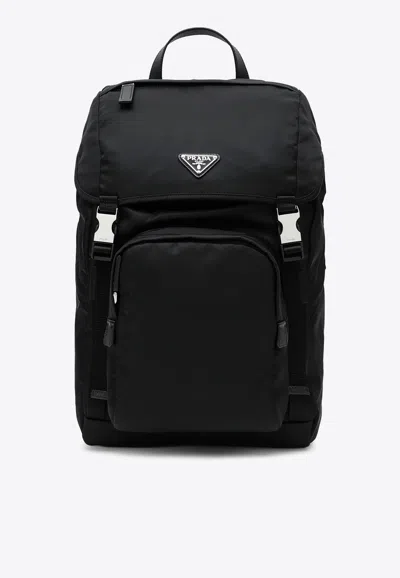 Prada Re-nylon Backpack With Snap-fastener In Black