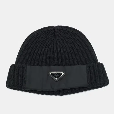 Pre-owned Prada Re-nylon Black Gabardine And Wool Logo Detail Beanie L