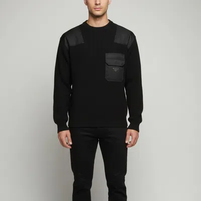 Pre-owned Prada Re-nylon Black Logo Plague Detail Knitted Crewneck Sweater L