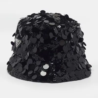 Pre-owned Prada Re-nylon Black Triangle Logo Allover Sequin Bucket Hat M