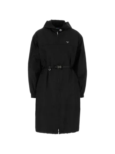 Prada Renylon Raincoat Belted Waist Hooded Long In Black