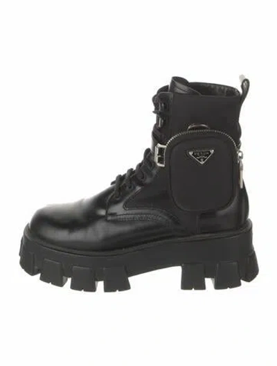 Pre-owned Prada Re-nylon Combat Boot Leather Combat Boots In Black