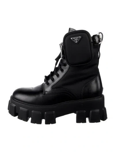 Pre-owned Prada Re-nylon Combat Enameled Metal Triangle Combat Boots In Black