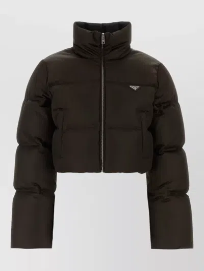 Prada Renylon Cropped Jacket High Collar Design In Brown
