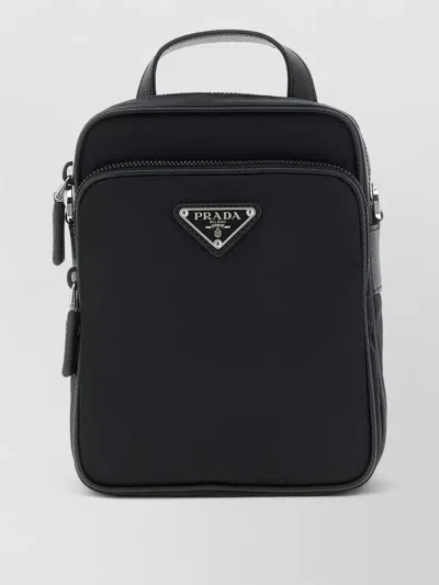 Prada Renylon Crossbody Bag Leather Trim Strap In Black