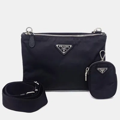 Pre-owned Prada Re-nylon Double Zip Crossbody Bag (1bh046) In Black
