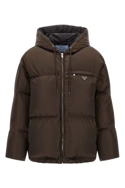 Prada Re-nylon Down Jacket In Brown