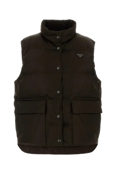 Prada Re-nylon Down Jacket In Brown