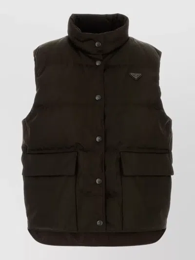 Prada Renylon Down Jacket High Collar Pockets In Brown