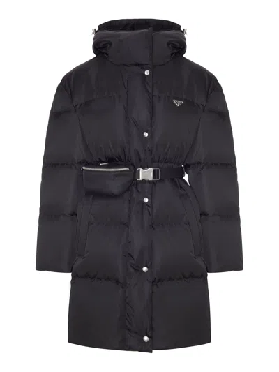 Prada Re-nylon Down Jacket With Hood And Waist Belt In Black