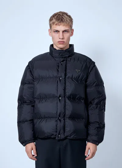 Prada Re-nylon Down Jacket With Removable Sleeves In Blue