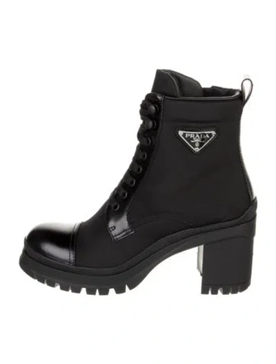 Pre-owned Prada Re-nylon Enameled Metal Triangle Combat Boots In Black