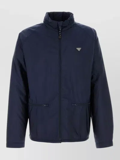 Prada Renylon Jacket High Collar Long Sleeves In Blue